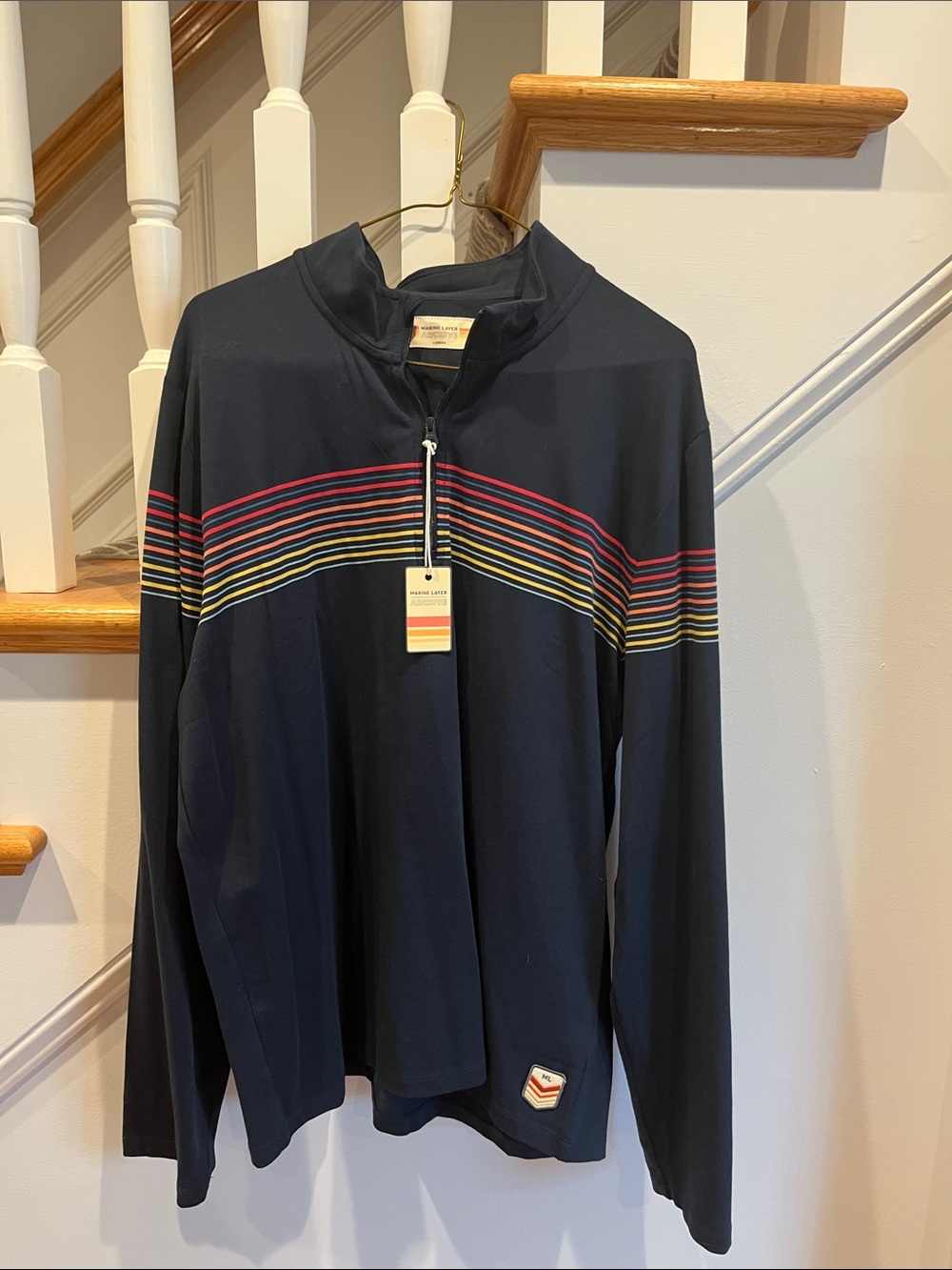 Marine Layer Navy Zip-Up Pullover with Multicolor Chest Stripes
